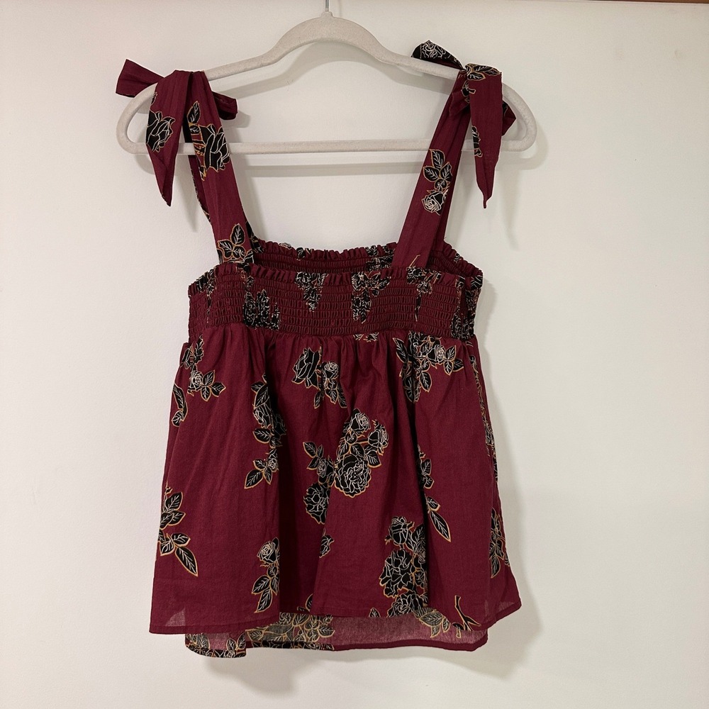 Angels Forever Young Floral Smocked Cami Women Large‎ Burgundy Tie Shoulder Boho